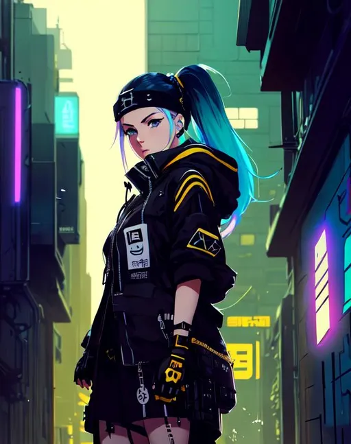 Prompt: Highly detailed portrait of a Anime girl, hacker, wearing black and white techwear, headband, blue eyes, white hair mohawk by atey ghailan, by greg rutkowski, by greg tocchini, by james gilleard, by joe fenton, by kaethe butcher, gradient yellow, black, brown and magenta color scheme, grunge aesthetic!!! graffiti tag wall background