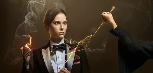Prompt: Lady in a tuxedo casts a spell with her magic wand 