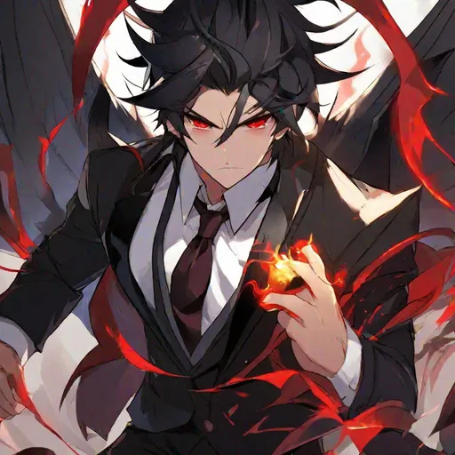 Prompt: Damien  (male, short black hair, red eyes) demon form, wearing a tuxedo, fighting, wearing a crown, angry look on his face
