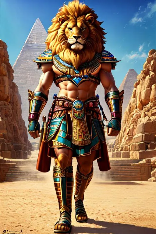 Prompt: oil painting, anthropomorphic lion, male, furry, warrior, ancient egypt, 8k, UHD,   bronze weapons, hieroglyphics art, hyperrealistic, photorealistic, beautiful art, furry art, full body picture, digital art,  hyperperfectionist, muscular, pharaoh, lion head, hyperdetailed full-body of a werelion in battle stance, hyper detailed background, ancient egypt temple inside background, god of egypt