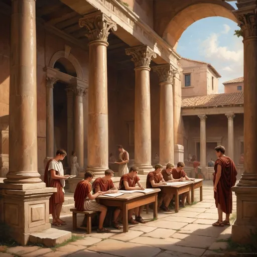 Prompt: a school, ancient scene, with historical details, 1st century period, Roman tunics, painting style