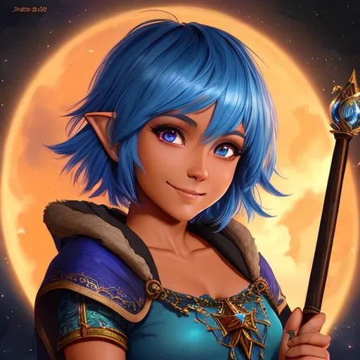 Prompt: oil painting, D&D fantasy, tanned-skinned-gnome girl, tanned-skinned-female, short, beautiful, short bright blue hair, long pixie cut hair, smiling, pointed ears, looking at the viewer, Wizard wearing intricate wizard outfit, #3238, UHD, hd , 8k eyes, detailed face, big anime dreamy eyes, 8k eyes, intricate details, insanely detailed, masterpiece, cinematic lighting, 8k, complementary colors, golden ratio, octane render, volumetric lighting, unreal 5, artwork, concept art, cover, top model, light on hair colorful glamourous hyperdetailed medieval city background, intricate hyperdetailed breathtaking colorful glamorous scenic view landscape, ultra-fine details, hyper-focused, deep colors, dramatic lighting, ambient lighting god rays, flowers, garden | by sakimi chan, artgerm, wlop, pixiv, tumblr, instagram, deviantart