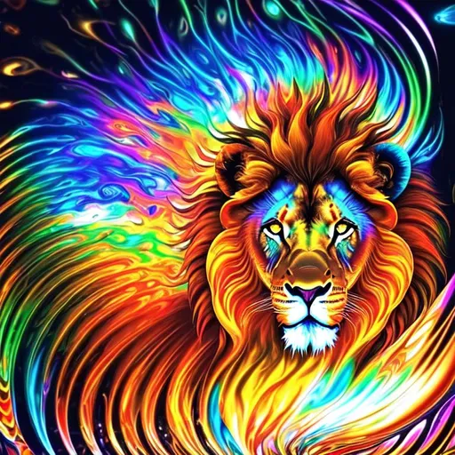 Prompt: beautiful swirl dark chaos vivid bold, 3D, HD, [{one}({liquid metal {African}Lion, (plasma) with {orange yellow brown green red dark-blue}plasma)[::2, expansive psychedelic background --s99500 