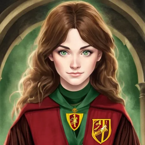 Prompt: brown-haired, green-eyed woman as a Gryffindor student at Hogwarts