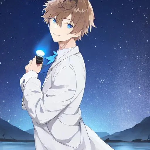 Young male anime character in sky blue background