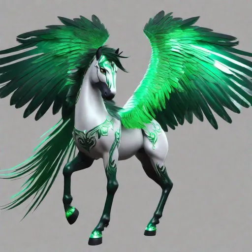 Prompt:  small twisted pegasus animatronic hybrid, with focused emerald eyes. They identify as a Male. Emerald colored feathery wings and tail. dark Green ombre mane and tail. UHD, HD, 4K, green haze, anime style