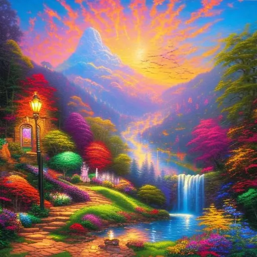 Prompt: Background by Thomas Kinkade. Colors by Lisa Frank. Creatures by HR Giger. 