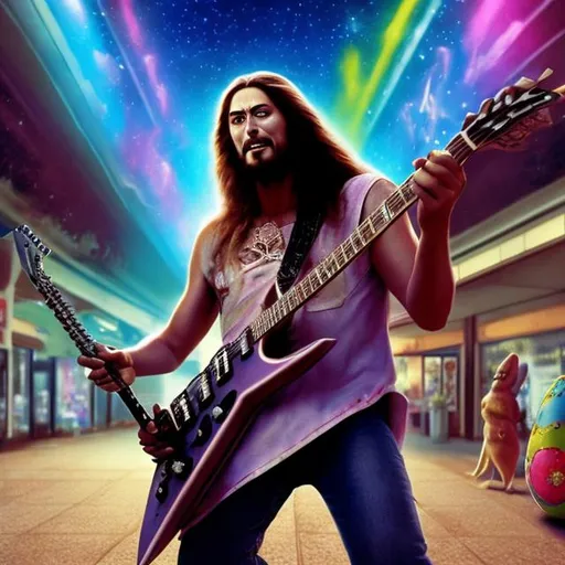 Prompt: Alien Jesus playing a double-necked Guitar for spare change in a busy alien mall, widescreen, infinity vanishing point, galaxy background, surprise easter egg