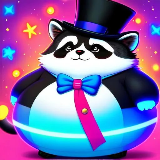 Prompt: fat round raccoon wearing (((top hat and monocle))), fluffy, art style of sam yang and james jean! cute (((neon))) surrealism