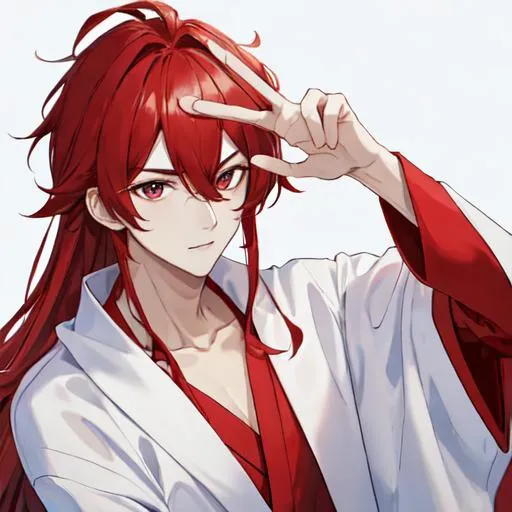 Prompt: Zerif 1male (Red side-swept hair covering his right eye) 8K, UHD, best quality, wearing a bathrobe