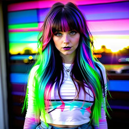 Prompt: woman with long hair to her waist. her hair is neon green pink blue and purple. she also has curtain bangs and coontails  (stripes in her hair) with dark brown shadow root and lowlights.