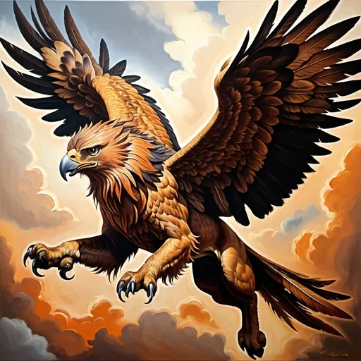 Prompt: Warhammer fantasy RPG style oil painting of majestic griffon  flying in sky, lion body with eagle head, huddled paws, rich and textured oil painting, grimy atmosphere, orange and brown hues, intricate details, high quality, detailed, fantasy RPG, oil painting, majestic, griffon, elaborate, rich texture, detailed feathers, intricate fur, professional, atmospheric lighting