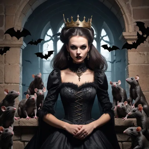 Prompt: evil princess in a castle with rats and bats



