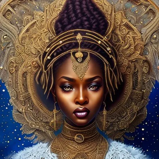 Prompt: Intricately detailed front facing elaborate beautiful brown skinned African Nigerian moon goddess holding a staff  intricate glistening face bright eyes prismatic crystal clear dress intricately braided hair hyperdetailed painting by Ismail_Inceoglu Tom Bagshaw Dan Witz CGSociety ZBrush Central fantasy art 4K, Crystal Palace in background digital painting, digital illustration, extreme detail, digital art, ultra hd, vintage photography, beautiful, tumblr aesthetic, retro vintage style, hd photography, hyperrealism, extreme long shot, telephoto lens, motion blur, wide angle lens, deep depth of field, warm, anime Character Portrait, Symmetrical, Soft Lighting, Reflective Eyes, Pixar Render, Unreal Engine Cinematic Smooth, Intricate Detail, anime Character Design, Unreal Engine, Beautiful, Tumblr Aesthetic,  Hd Photography, Hyperrealism, Beautiful Watercolor Painting, Realistic, Detailed, Painting By Olga Shvartsur, Svetlana Novikova, Fine Art