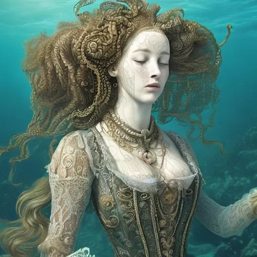 Prompt: woman in 16th century dress underwater sleeping.  hair, elaborate hair, fabric, lace, bubbles.