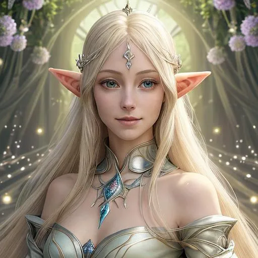 Prompt: Zoom in Portrait Very beautiful ethereal highelf queen spirit surrounded by many floating orbs of pale light (Masterpiece), long pointed elven ears, gentle eyes and smile, gentle sparks of light, opalblonde hair, (Masterpiece), in a throneroom,  very beautiful woman, fantasy, beautiful dancing pose, royal elven throneroom background, realistic flowers and plants,, constellation-like design translucent see through Dress, throneroom lovely opalblonde hair, cinematic light, beautiful woman, beautiful eyes, long hair, perfect anatomy, very pretty, princess eyes, fantastic, stylised animation, bioluminescent, life size, 32K resolution, human hands, mysterious shape, graceful, almost perfect, dynamic angles, highly detailed, figure sheet, concept Art, smooth, symmetrical, balanced placement, fashion pose, 20s beauty, great hair, overhead space