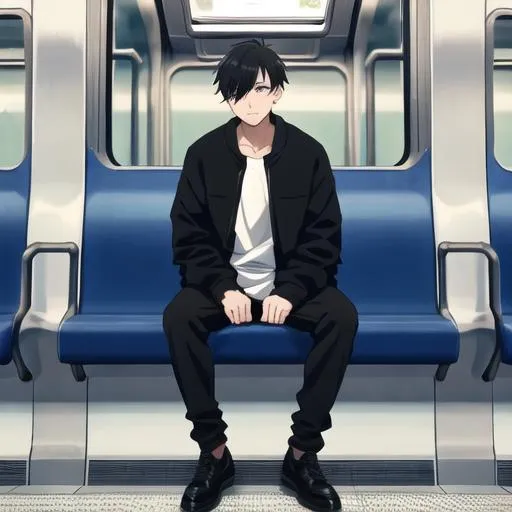 Prompt: Damien (male, short black hair) on the subway, casual outfit, baggy clothes, sitting on the metro, hands on his head, being cool, looking into the camera, long shot, full body, front view