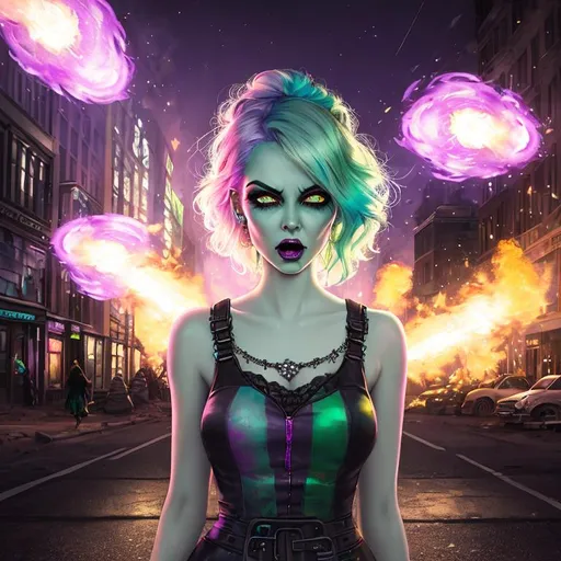 Prompt: pixar style painting of a beautiful zombie woman, pale green skin, pastel pink and blue hair, goth clothing, angrily screaming, furrowed brow, furious, nighttime, post apocalyptic city street, fireballs, ruins, trash, galaxy, soft light,explosions, ((street on fire)), muted color scheme, art, painting, fireflies