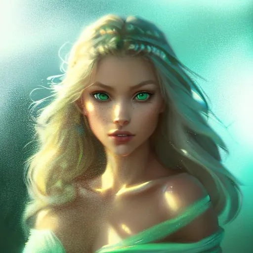 Prompt: A half body photograph of light blonde American woman  with light green eyes, princess dress and looking at the viewer, fantasy, medieval, vivid colors, elegant, concept art, sharp focus, beautiful face, digital art, Hyper-realistic, 4K, Unreal Engine, Highly Detailed, HD, Dramatic Lighting by Brom, trending on Artstation