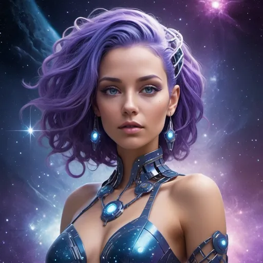 Prompt: Create a digital art portrait of a cybernetic goddess set against a stunning star cluster background, surrounded by a beautiful blue dress and sporting purple hair. The image should have a fantasy element to it and be highly detailed. Please provide me with a high-resolution rendering that showcases the goddess's cybernetic features and her surroundings in a breathtaking, cosmic environment. The art style should be in the realm of digital fantasy art and should be visually stunning.