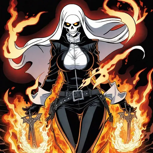 Prompt:  "The Enigmatic Anime Female Ghost Rider Nun: A Tale of Vengeance, Faith, and Eternal Flames"

Introduction:
In the vast realm of anime, there exist a myriad of unique and captivating characters, each with their own extraordinary abilities and stories. Imagine an enigmatic figure, a female Ghost Rider Nun, who possesses a flaming whip, a perfect autonomy, a slim muscular body tone clad in Nordic armor, adorned with Victorian tattoos, and a flaming skull for a head. This character is a symbol of juxtaposition, combining elements of strength and vulnerability, mysticism and faith, vengeance and salvation.

Body:

I. The Origins of the Anime Female Ghost Rider Nun
A. Introduction to the character's background
B. Mysterious circumstances surrounding her transformation
C. Her connection to Nordic mythology and Victorian-era mysticism

II. A Flaming Whip of Retribution
A. The supernatural origins of her whip
B. Its deadly abilities and symbolism
C. The lore surrounding the whip's creation and power

III. Perfect Autonomy and Slim Muscular Body Tone
A. The significance of her perfect autonomy
B. The portrayal of her slim yet muscular physique
C. The fusion of strength and femininity in her character design

IV. Nordic Armor and Victorian Tattoos
A. The choice of Nordic armor in her attire
B. The symbolism behind Victorian tattoos on her body
C. How her appearance reflects her character's complex identity

V. A Flaming Skull for a Head: The True Nature of Her Existence
A. The curse or blessing of her flaming skull
B. How she copes with her skeletal appearance
C. The exploration of her identity and duality as both a ghost and a rider

Conclusion:
The concept of an anime female Ghost Rider Nun with a flaming whip, perfect autonomy, a slim muscular body tone, Nordic armor, Victorian tattoos, and a flaming skull head is a fascinating and intricate one. This character embodies the coexistence of opposing elements, blending strength with vulnerability, faith with mysticism, and salvation with vengeance. As we delve into her origin, powers, appearance, and identity, we are left with a character that challenges conventional anime archetypes and offers a captivating narrative of inner turmoil, redemption, and retribution. Such a character is a testament to the limitless creativity and diversity found in the world of anime, captivating audiences with its depth and uniqueness.