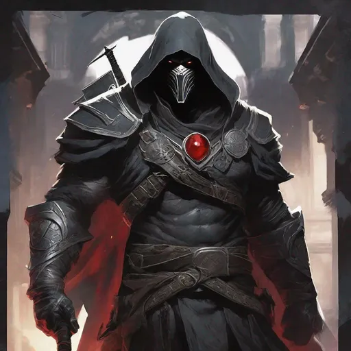 Prompt: Tall, Intimidating, Large, male, Solomon Grundy/goliath D&D build, black hair,  very dark grey scarred skin, covered in bandages, dark tattered cloth armor exposes his midriff, hood of magical darkness mask like Xûr, Agent of the Nine in destiny, large red gem between pecs in chest, Path of the Zealot Barbarian, Strong, wielding large two-handed great-axe, Fantasy setting, D&D