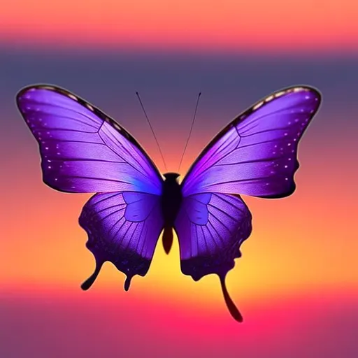 Prompt: Imagine a beautiful purple horizon, showcasing a white butterfly flying into the suns light causing the butterfly to shine as bright as a diamond, ultra hd, hyper realistic camera quality.