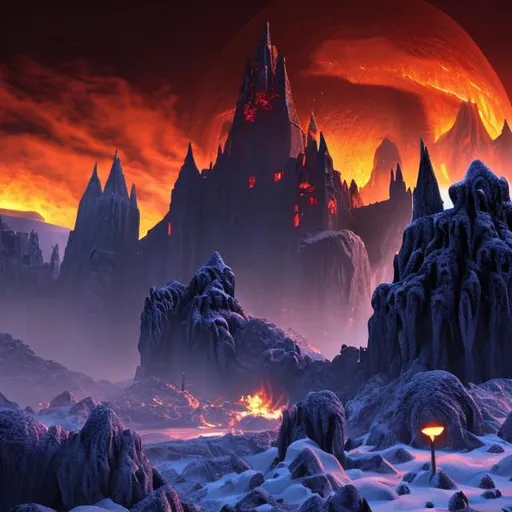 Prompt: lava ruvers, dark, hoth, frozen planet, mountains, gothic cathedral, castle, fortress, spires, night