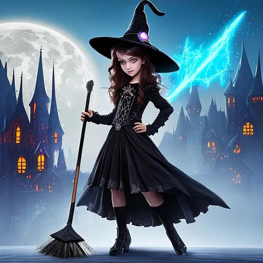 Prompt: young witch in dark gothic dress with a magical sparkling broom sat on a roof, style of Blizzard Entertainment