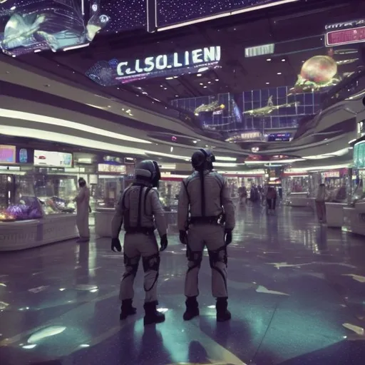 Prompt: alligator security guards in a busy alien mall, widescreen, infinity vanishing point, galaxy background, surprise easter egg