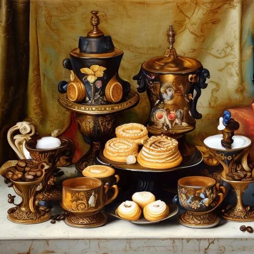 Prompt: coffee table with coffee cups and a lot of french pastry, oil painting, in the style of Hans Holbein