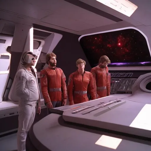 Prompt: Zeb red is painted on the side of the starship 5011, in big white letters. The 3 mam crew stares in to the gallery 