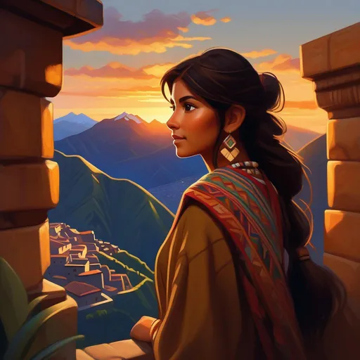 Prompt: Third person, gameplay, Peruvian girl, olive skin, brown hair, brown eyes, 2020s, Cuzco at night, Machu Pichu in the background, warm atmosphere, cartoony style, extremely detailed painting by Greg Rutkowski and by Henry Justice Ford and by Steve Henderson 