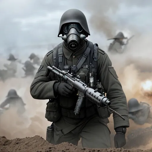 Prompt: Several mordern male black color with gas mask black coming out of the trenches, Highly Detailed, Hyperrealistic, sharp focus, Professional, UHD, HDR, 8K, Render, electronic, dramatic, vivid, pressure, stress, nervous vibe, loud, tension, traumatic, dark, cataclysmic, violent, fighting, Epic


