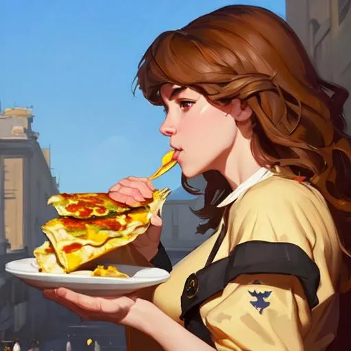 Prompt: greg manchess portrait painting of hermione eating omlette as overwatch character, medium shot, asymmetrical, profile picture, organic painting, sunny day, matte painting, bold shapes, hard edges, street art, trending on artstation, by huang guangjian and gil elvgren and sachin teng