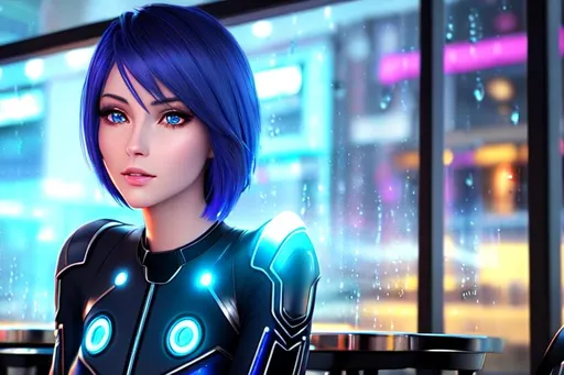 Prompt: Cortana sitting at a cafe and it's raining outside, a digital painting of woman’s face, digital art, in style of 3d render, red realistic 3d render, a beautiful artwork illustration, smooth 3d illustration, beautiful, holographic, futuristic, pale blue skin, wearing futuristic outfit with glowing spots, short hair, holographic like