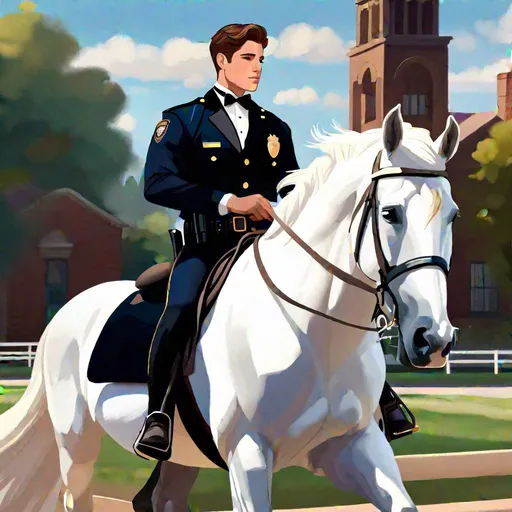 Prompt: Caleb  as a police officer (brown hair) (brown eyes) wearing a tuxedo, full body, riding a white horse