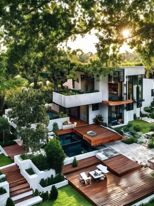 Prompt: my dream house with a big yard full of trees with all details modern