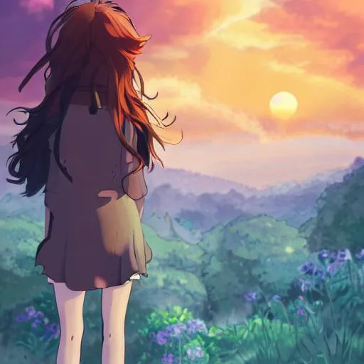 Prompt: Friendly girl and small creature, sunset sky, made by Studio Ghibli, front lit, highly detailed art, beautiful scene, sharp focus, smooth, 8k, pixiv, edgy, anime art