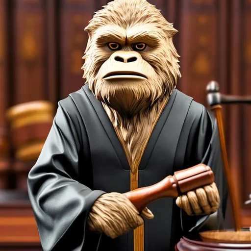 Prompt: Full height sasquatch holding a gavel and wearing lawyer's robes
