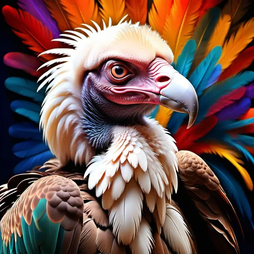 Prompt: (regal looking vulture), (surrealistic style), (vibrant color scheme), extraordinary and spectacular plumage, ornate and imaginative details, dreamlike atmosphere, high contrast vivid hues, intriguing textures and forms, whimsical background elements, soft ethereal lighting, (ultra-detailed), striking visual composition, captivating and mesmerizing appearance.