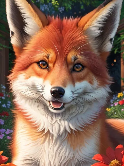 Prompt: (3D, 8k, masterpiece, oil painting, professional, UHD character, UHD background) Portrait of Vixey, Fox and Hound, close up, mid close up, brilliant red fur, brilliant amber eyes, big sharp 8k eyes, sweetly peacefully smiling, detailed smiling face, extremely beautiful, alert, open mouth, enchanted garden, vibrant flowers, vivid colors, lively colors, vibrant, high saturation colors, flower wreath, detailed smiling face, highly detailed fur, highly detailed eyes, highly detailed defined face, highly detailed defined furry legs, highly detailed background, full body focus, UHD, HDR, highly detailed, golden ratio, perfect composition, symmetric, 64k, Kentaro Miura, Yuino Chiri, intricate detail, intricately detailed face, intricate facial detail, highly detailed fur, intricately detailed mouth