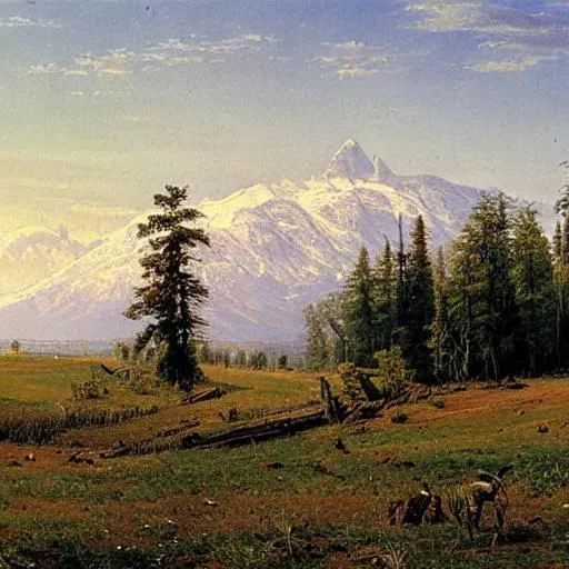 Prompt: beautiful artwork by ivan shishkin, spring, distant mountains, open field