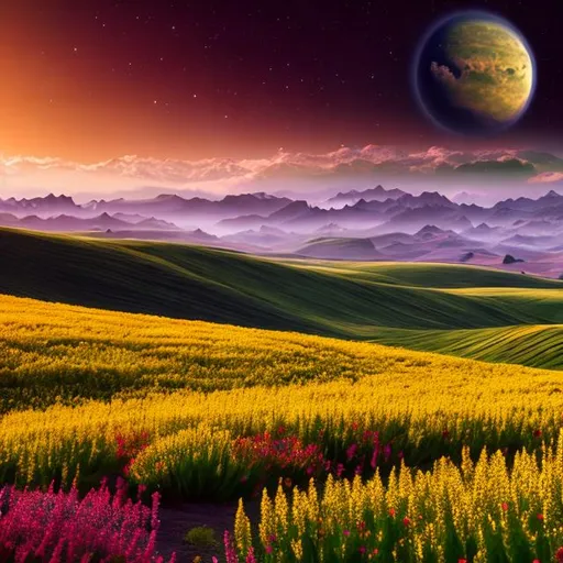 Prompt: a beautiful vista of rolling hills and alien flowers, in the style of Star Trek. {Star Trek: The Next Generation}