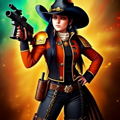 Prompt: Warhammer 40k, Cowboy hat, Female Gunslinger with twin revolvers in her hands, Rogue Trader, Long hair, Black Hair, Space, orange eyes, Bayonetta, Striking Scorpion Armour