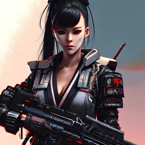 Prompt: cyberpunk samurai girl with rifle