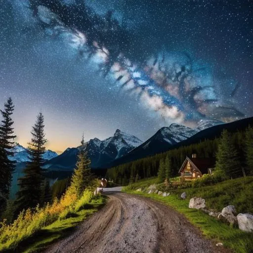 Prompt: Star filled night skies above mountains and a forest path beside cottage
