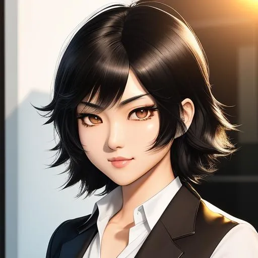 Prompt: manga by Kohei Horikoshi, hot tough 3D korean girl with medium length black fluffy hair and black eyes, pale complexion, Joan Jett lookalike, round face, bushy eyebrows, smirk expression, glaring eyes, black suit, office setting, golden hour, medium shot, mid-shot, front view, ultra realistic, intricate details, highly detailed, trending on Artstation, Hyperealistic details ray tracing shaders, octane render 8 k, 64k, UHD, unreal engine 