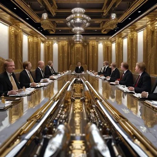 Prompt: tribunal of royal politicians, scifi, long white table, gold colors, business meeting