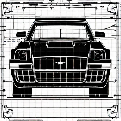 Prompt: post - tuner car blueprint, minimalistic, intricate, flat art, black and white, digital, textless, detailed, cantered, symmetrical, vector, 